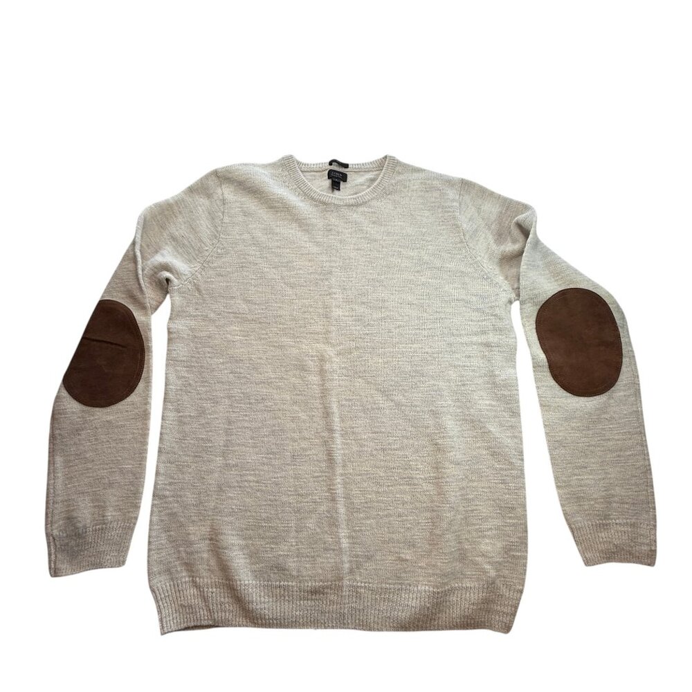 J.CREW Men's Beige Wool Crew Neck Sweater Leather Elbow Patches- Mens Size Large